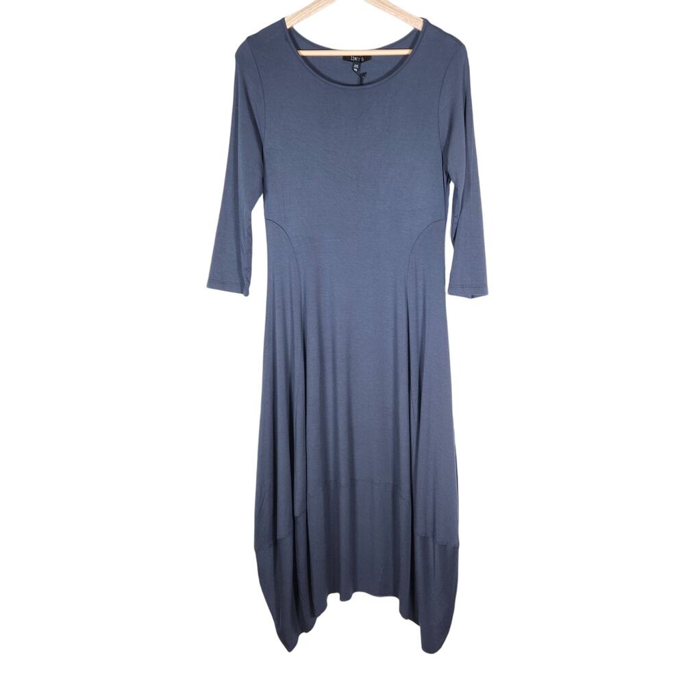 Comfy USA Kati Dress XS Fig Gray Knit 3/4 Sleeve Stretch Asymmetrical Hem Midi